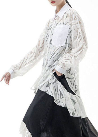 White Lace Shirts Hollow Out Asymmetrical Design Spring