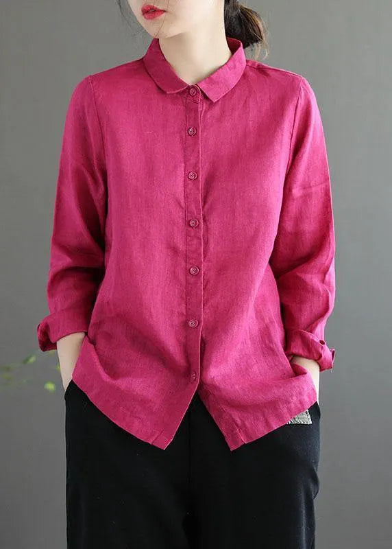 Pink Loose Button Summer Linen Long Sleeve Blouse Top