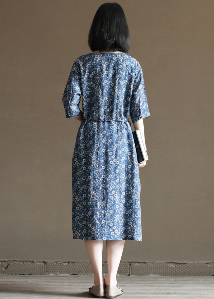 Unique Navy V Neck Print Tie Waist Linen Dresses Half Sleeve