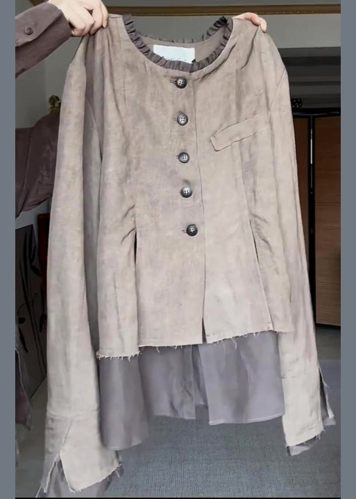 New Grey O Neck Ruffled Cotton Two Piece Set Long Sleeve