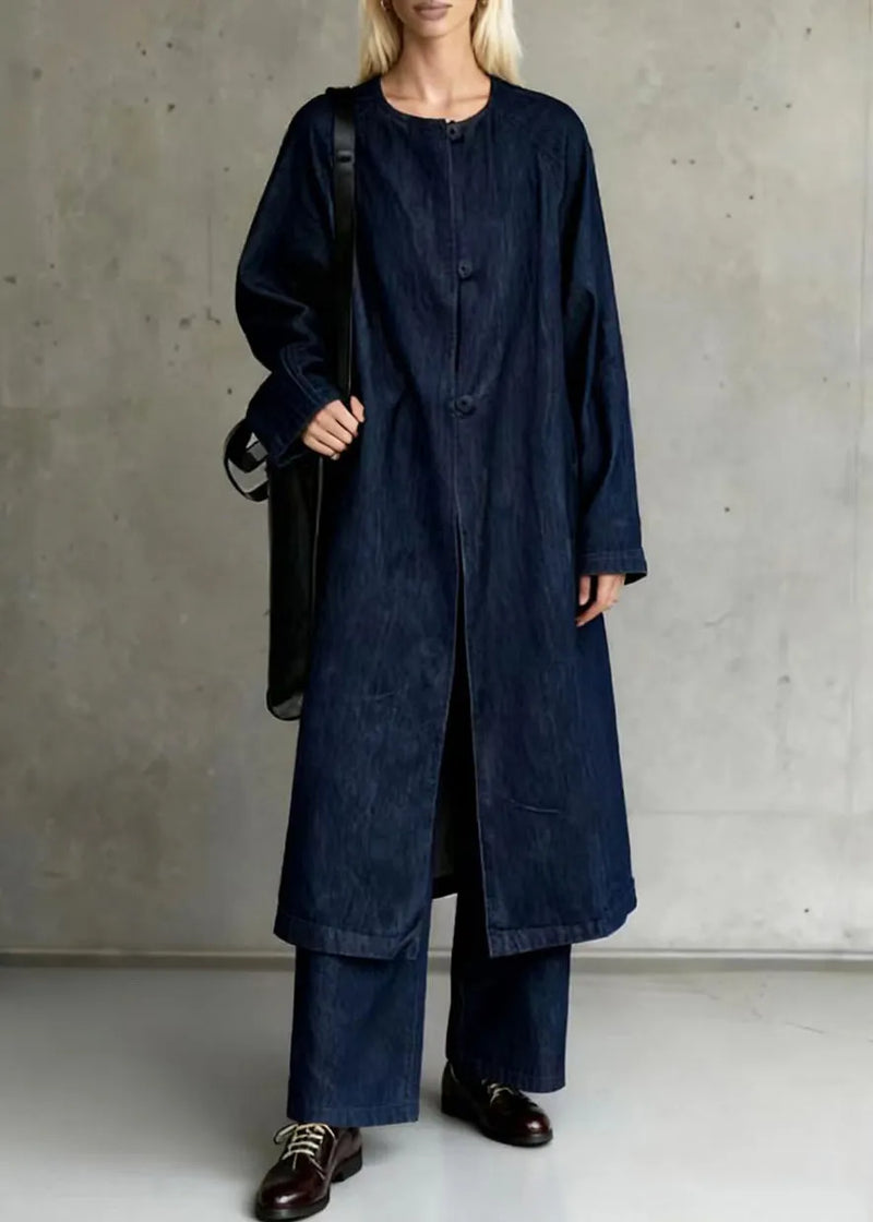 Navy Oversized Side Open Denim Two Piece Suit Set Spring