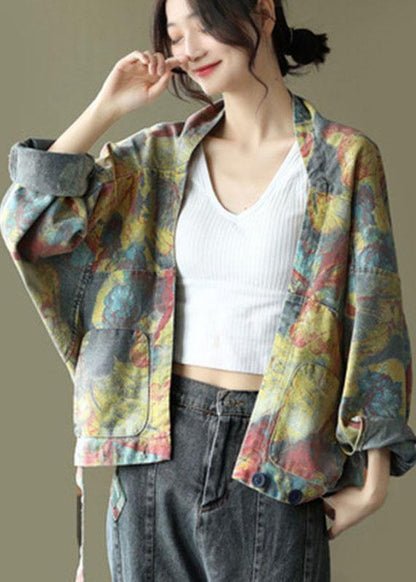 Italian Blue Print Denim Long Sleeve V Neck Top
