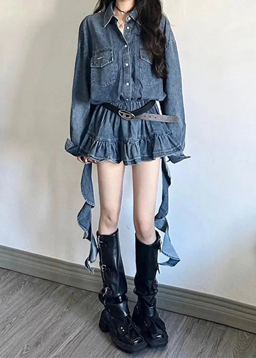 Loose Blue Peter Pan Collar Button Denim Mini Dresses Fall