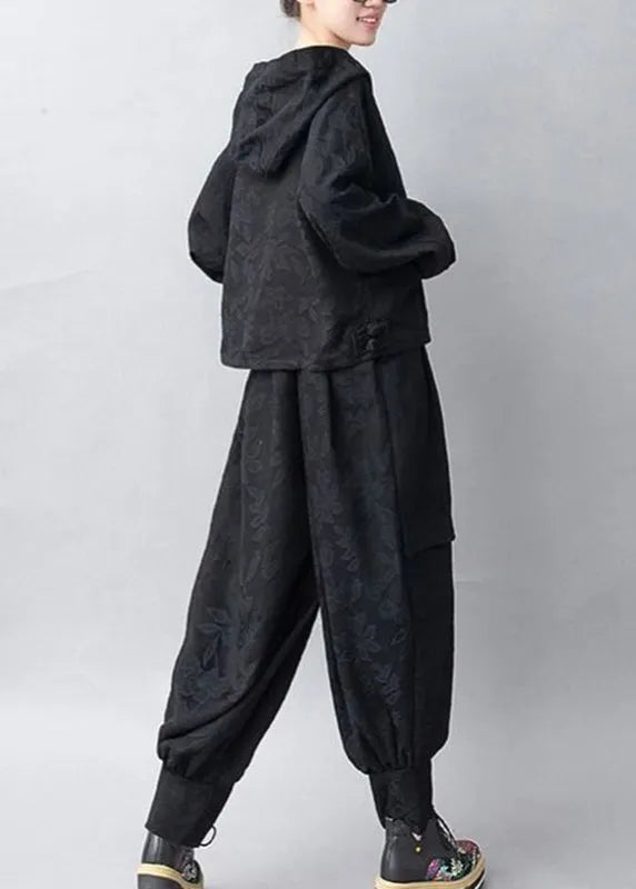 Jacquard Black Hooded Coats and Pants Two Pieces Set Fall