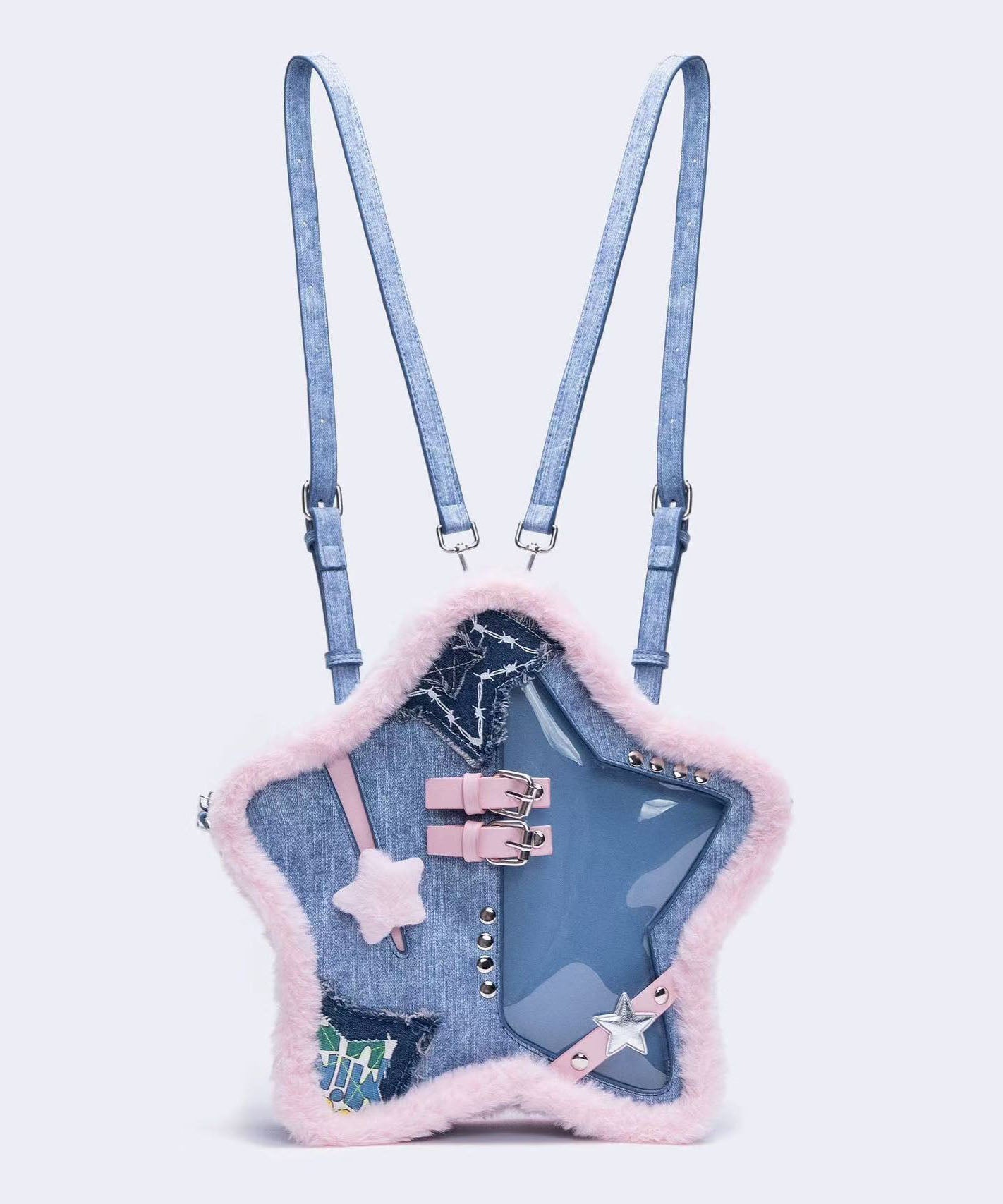 Blue Star Shaped Patchwork Denim Backpack Bag