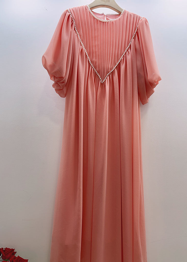 Pink O-neck Wrinkled Nail Bead Long Traveling Dresses Spring