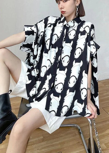 Loose Black Peter Pan Collar Low High Animal Picture Cardigans
