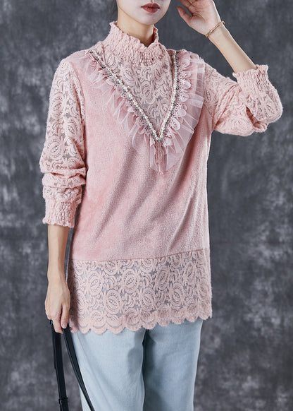 Pink High Neck Patchwork Lace Velour Shirts Winter