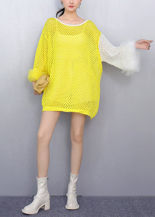 Art Yellow O-neck Hollow Out Patchwork Knit Top Fall