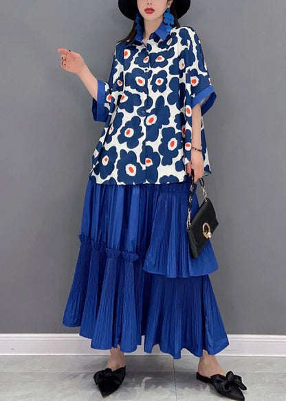 Italian Blue Peter Pan Collar Ruffled Patchwork Print Chiffon Shirts and Skirts Two Pieces Short Sleeve