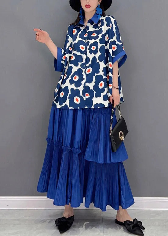Italian Blue Peter Pan Collar Ruffled Patchwork Print Chiffon Shirts and Skirts Two Pieces Short Sleeve