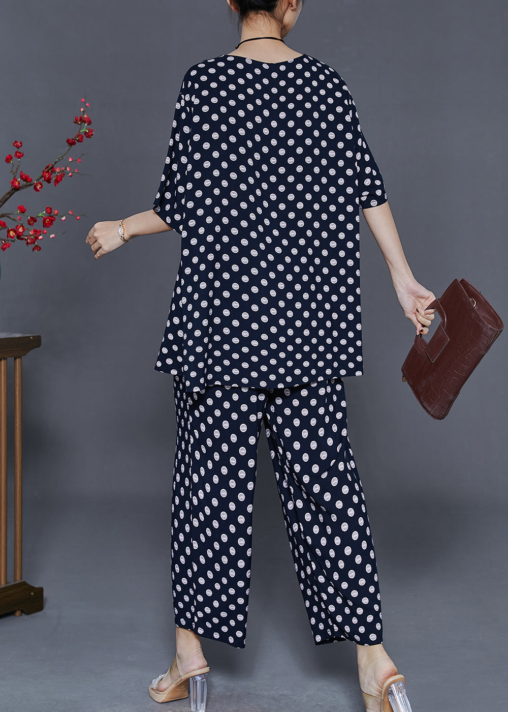Black Round Dot Print Cotton Two-piece Set Oversized Summer