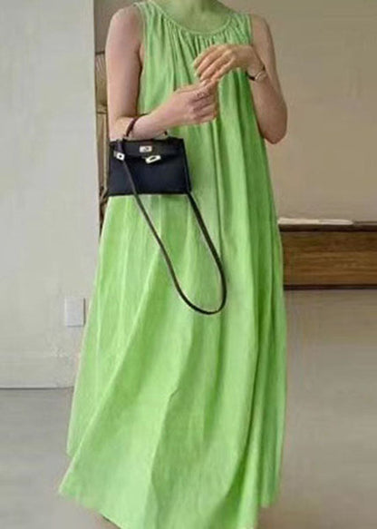 Green O Neck Patchwork Wrinkled Cotton Dress Sleeveless