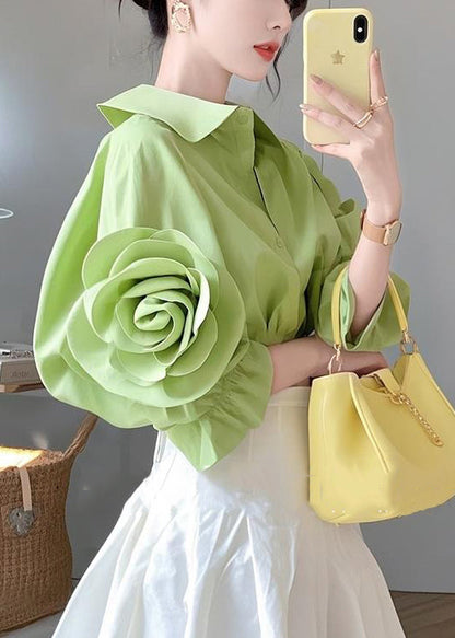 Green Peter Pan Collar Button Cotton Blouses Half Sleeve Fall