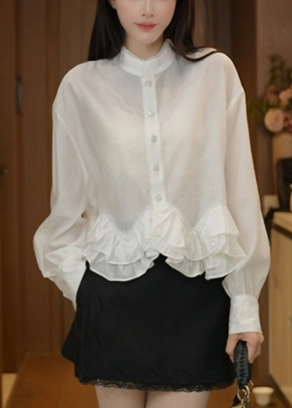 White Stand Collar Ruffled Cotton Blouses Fall