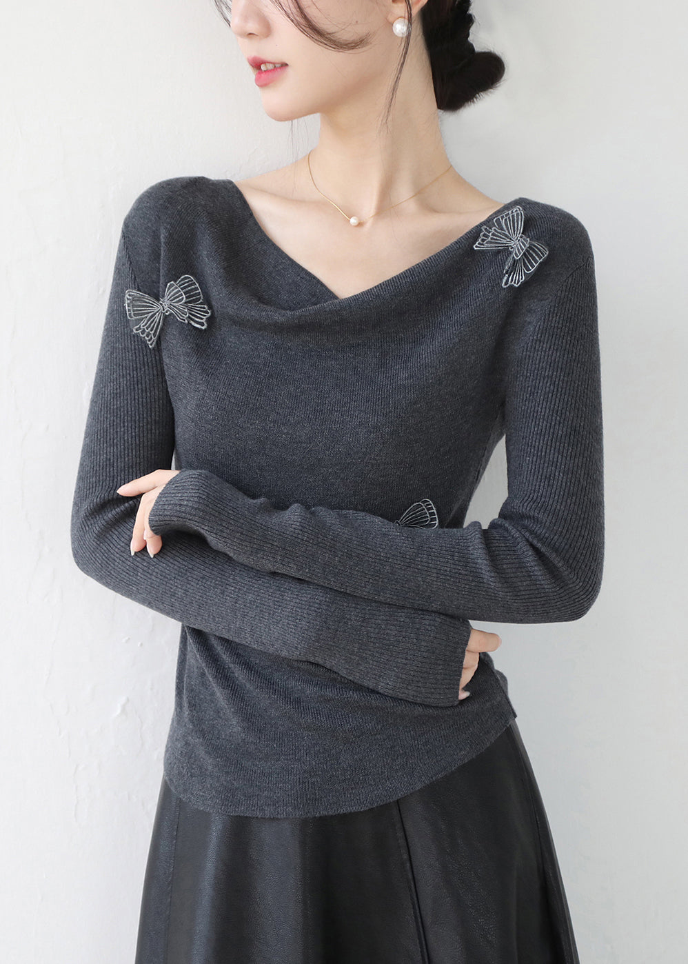 Original Design Grey Slash Neck Butterfly Knit Top Spring