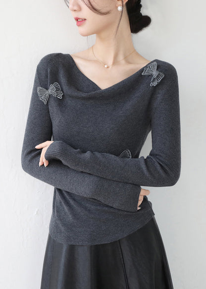 Original Design Grey Slash Neck Butterfly Knit Top Spring