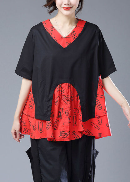 Red Asymmetrical Print Patchwork Cotton T Shirt Top Summer
