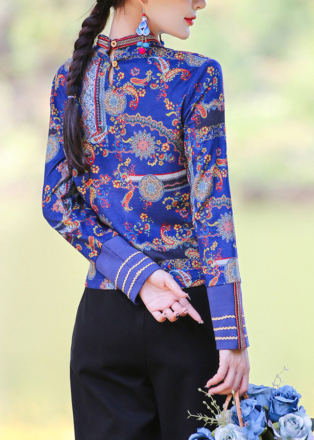 Blue V Neck Print Button Tops Spring
