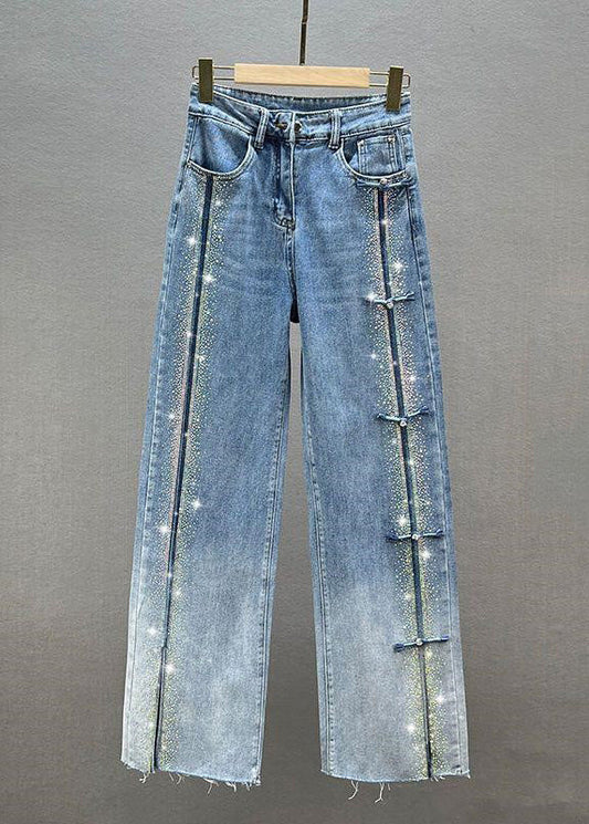 Blue Patchwork Zircon High Waist Wide Leg Jeans Fall