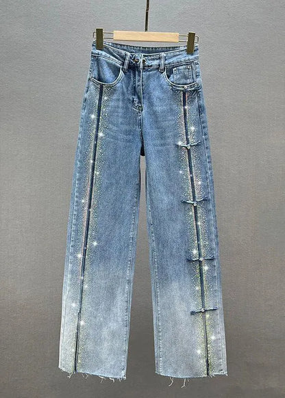 Blue Patchwork Zircon High Waist Wide Leg Jeans Fall