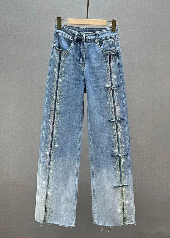 Blue Patchwork Zircon High Waist Wide Leg Jeans Fall