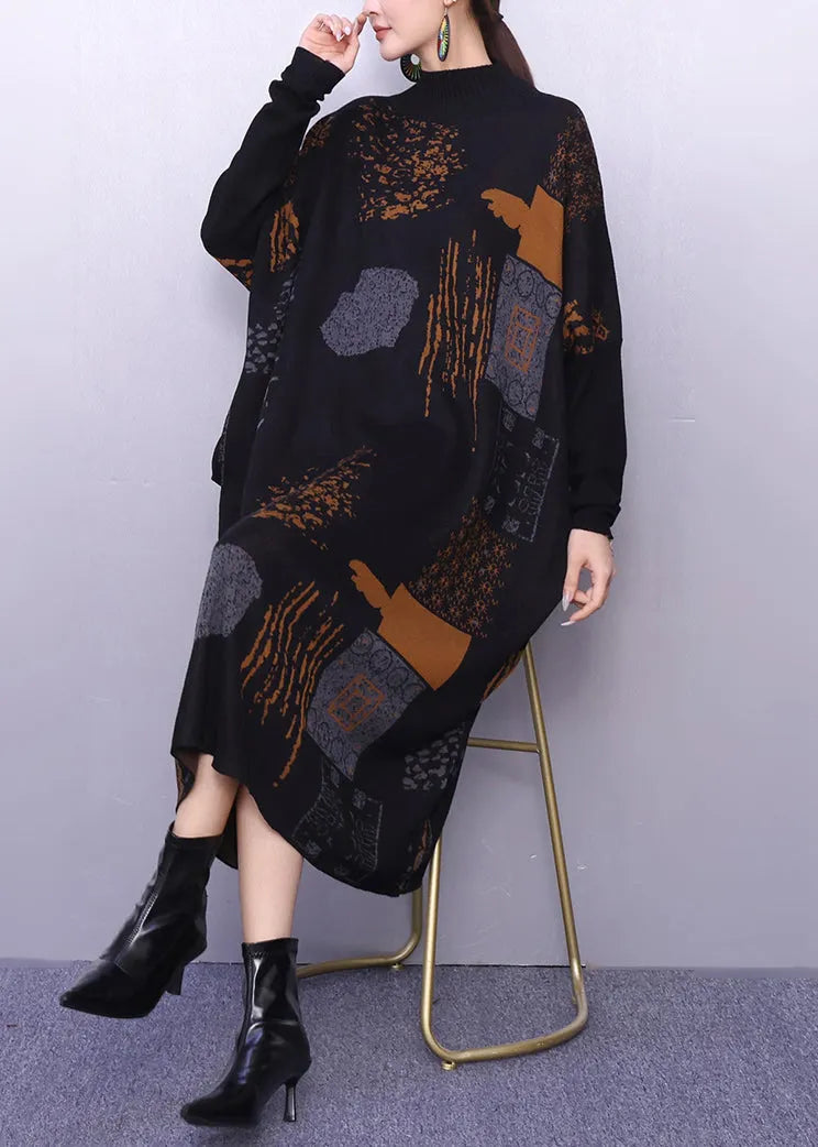 Stylish Black Oversized Print Knitted Dress Winter