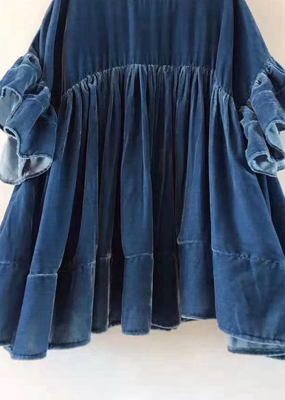Blue Wrinkled Patchwork Velour Short Dress Butterfly Sleeve