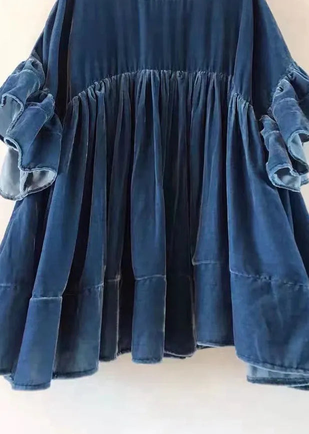 Blue Wrinkled Patchwork Velour Short Dress Butterfly Sleeve