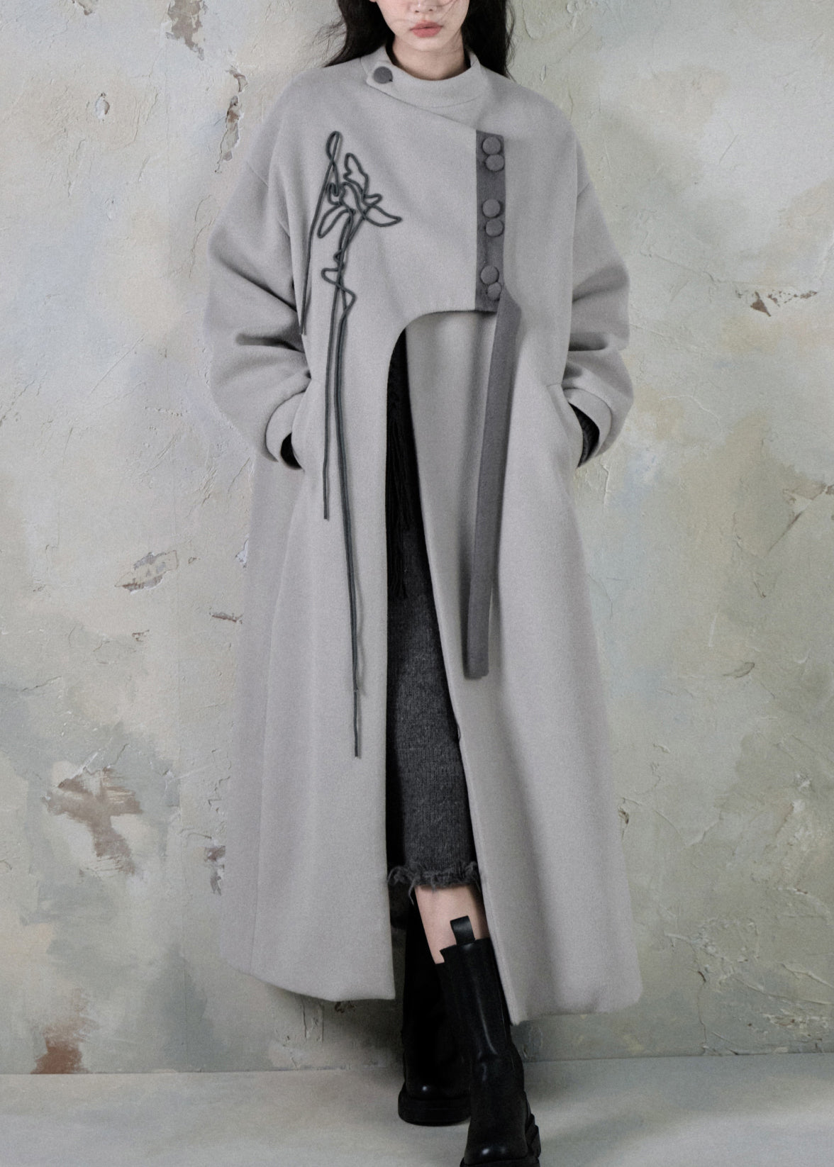 Loose Black Asymmetrical Button Pockets Long Trench Coats Spring