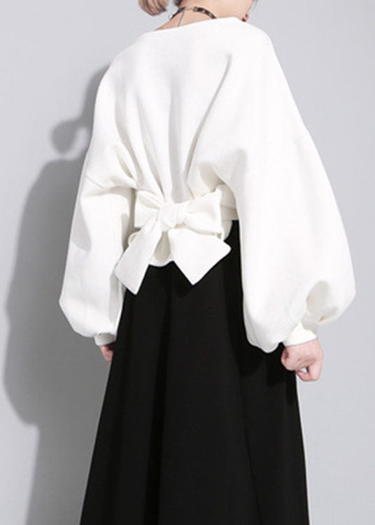 White O-neck Bow Asymmetrical Design Fall Loose Sweatshirts Top