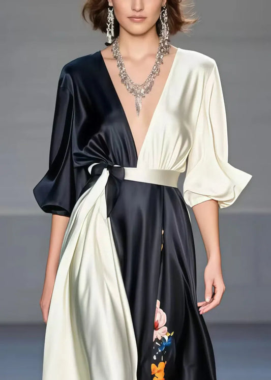 Black Asymmetrical Patchwork Print Silk Dress Spring