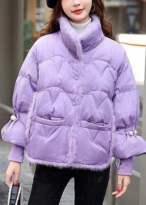 Purple Mink Hair Patchwork Drawstring Duck Down Winter Coats Winter