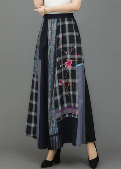 Retro Embroideried Pockets Plaid Patchwork Elastic Waist Skirts Fall