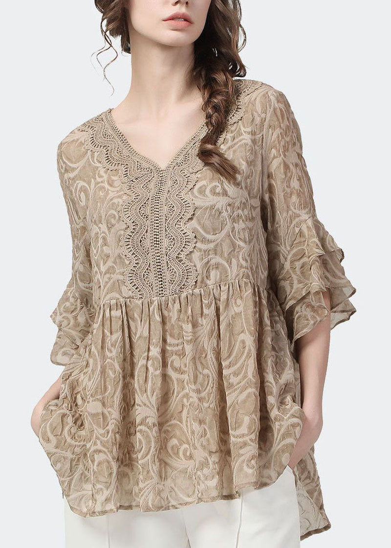 Khaki V Neck Lace Patchwork Wrinkled Tops Petal Sleeve