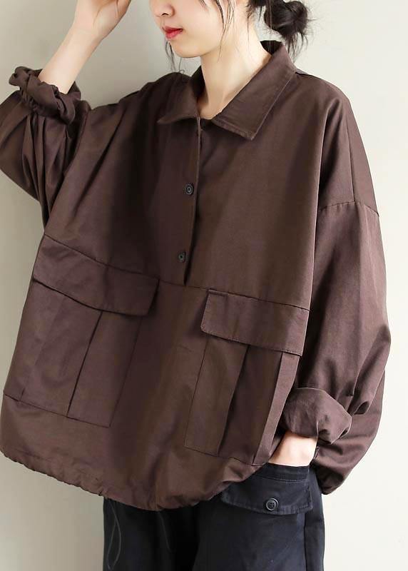 Lapel Patchwork Spring Shirts Pattern Chocolate Shirt