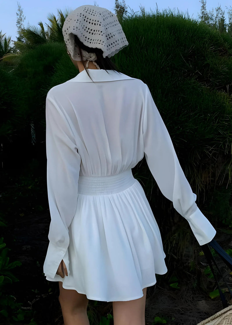 French White V Neck Shirt and Skirts Two Piece Set Fall