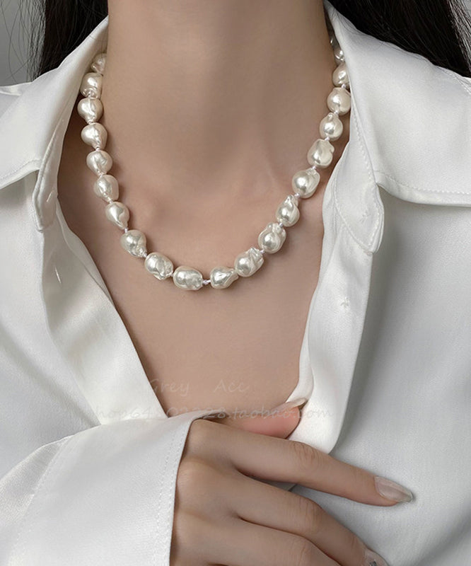 White Alloy Asymmetrical Pearl Gratuated Bead Necklace