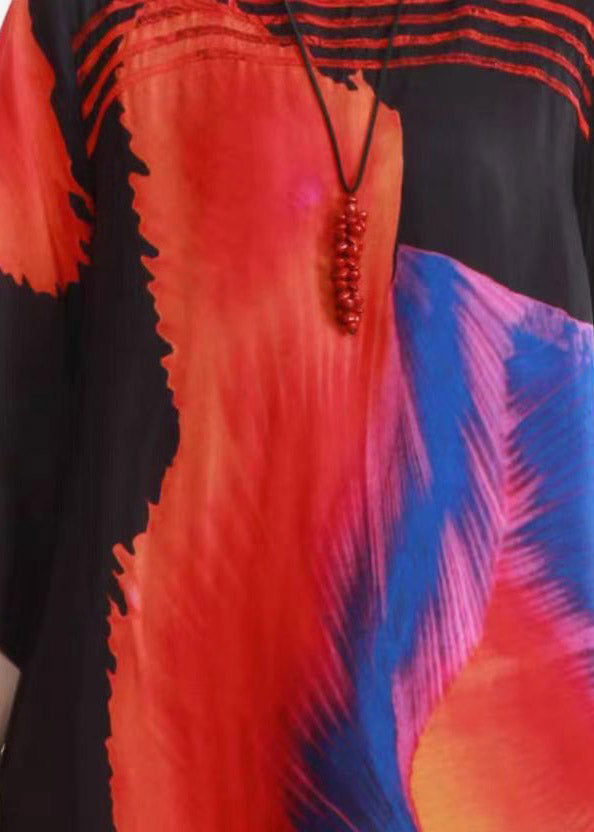 Loose Black O-neck Print Pockets Silk Dress Half Sleeve