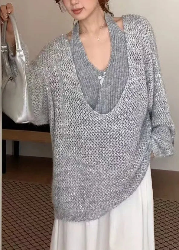 Natural Grey Oversized Halter Knit Two Piece Set Outfits Winter
