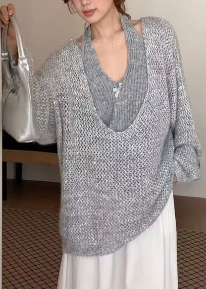 Natural Grey Oversized Halter Knit Two Piece Set Outfits Winter