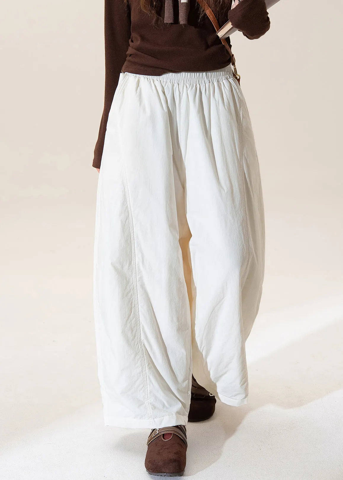 French Apricot Elastic Waist Fine Cotton Filled Pants Winter