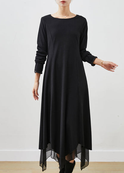 Black Asymmetrical Exra Large Hem Cotton Long Dress Spring