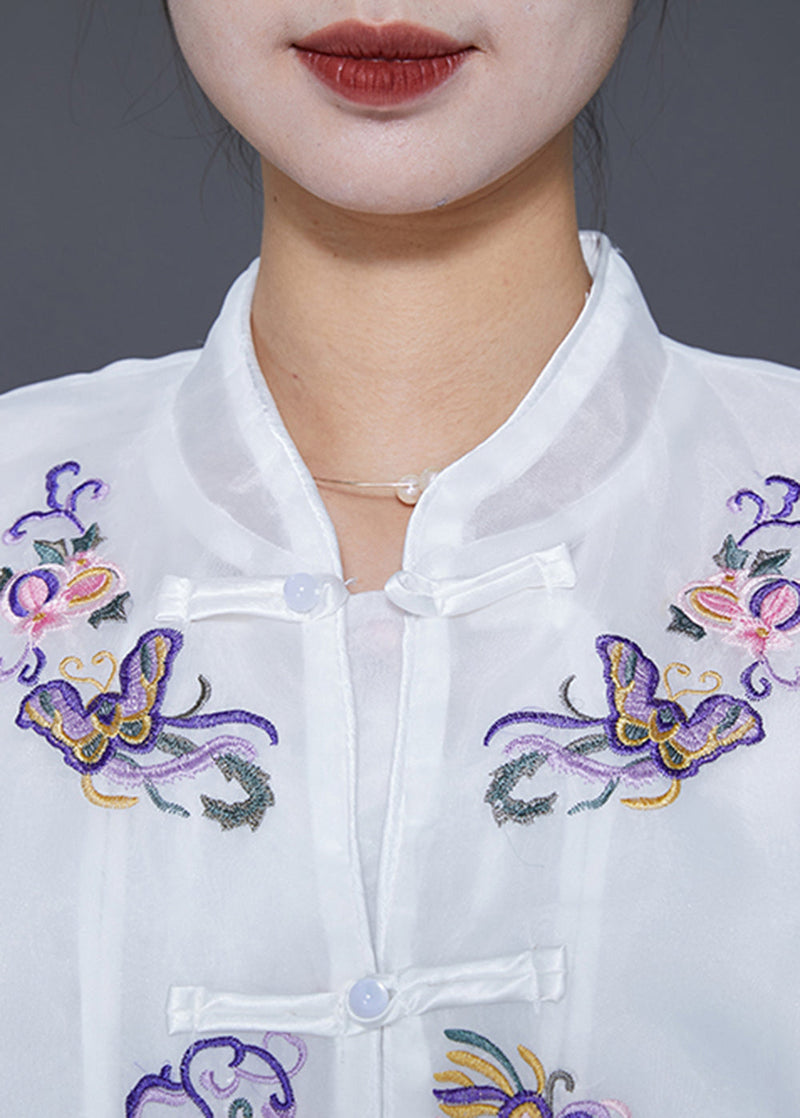 White Embroideried Chinese Button Silk Two Pieces Set Fall