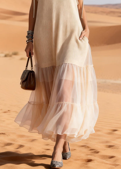 Apricot Ruffled Tulle Patchwork Knit Maxi Dress Summer
