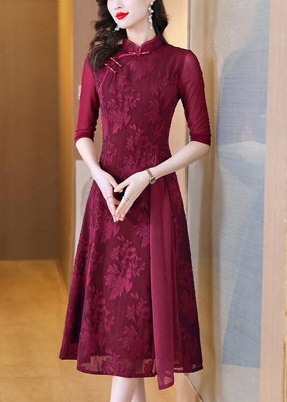 Red Print Patchwork Wrinkled Silk Long Dress Fall