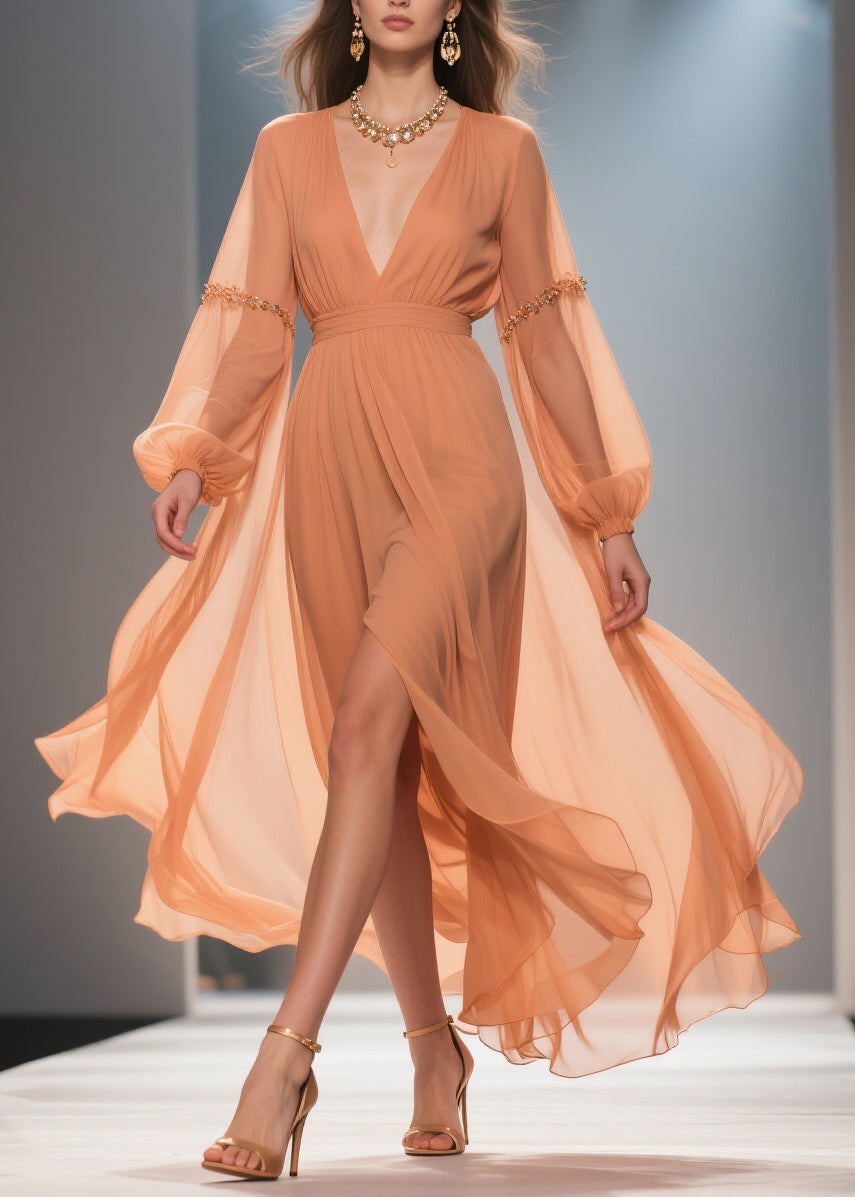 Orange Wrinkled Side Open Chiffon Long Dresses Spring