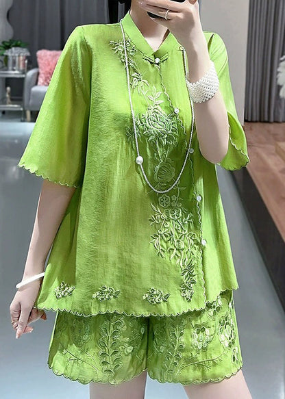 Chinese Style Green Stand Collar Embroidered Shirts and Shorts Two Piece Set Short Sleeve