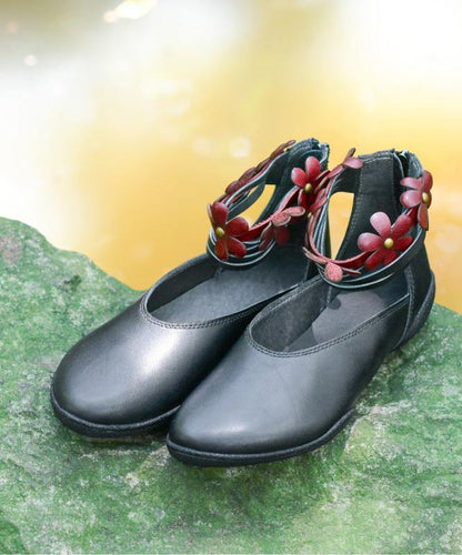 Genuine Leather Black Flat Shoes for Buckle Strap Flat Shoes for