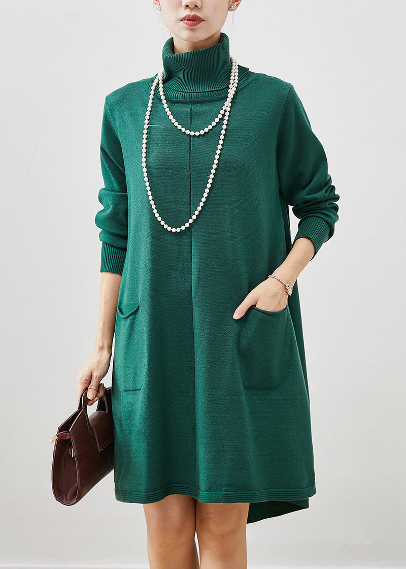 Blackish Green High Neck Pockets Cotton a Line Dresses Spring